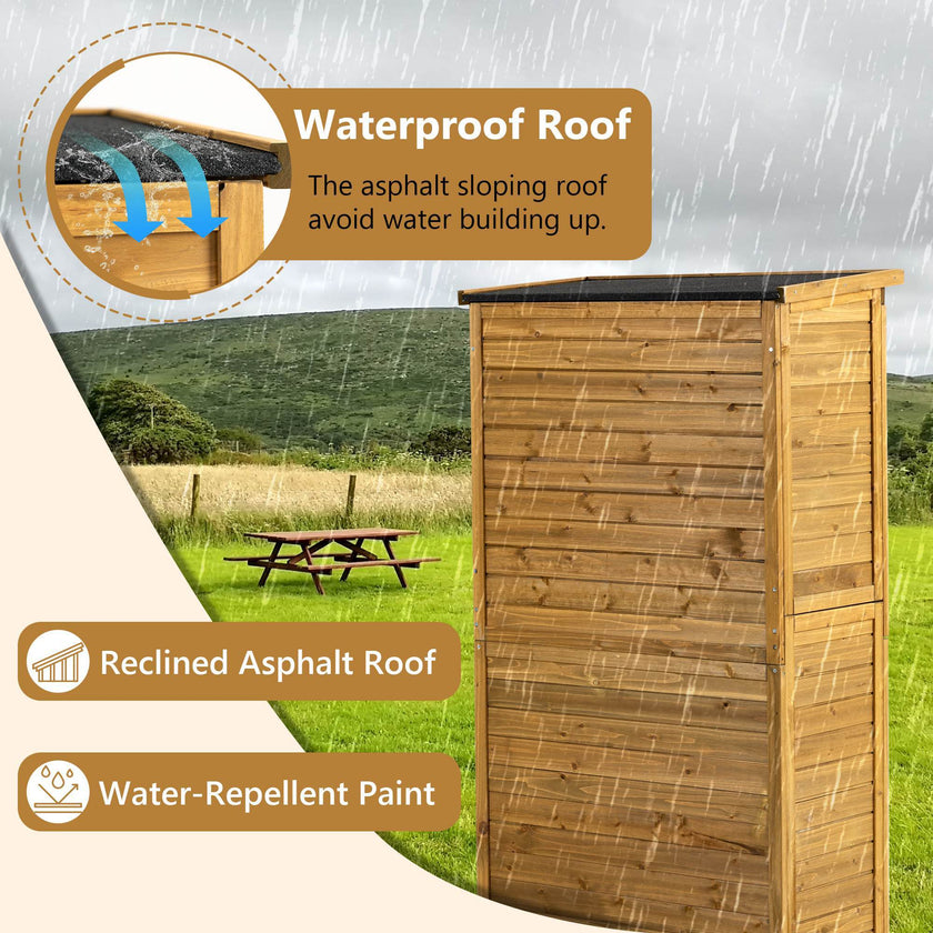Outdoor Storage Cabinet, Wood Garden Shed, Pool Storage Shed With Lockable Door, Waterproof Roof And 2 Removable Shelves, Vertical Outside Storage Shed For Patio, Backyard And Lawn