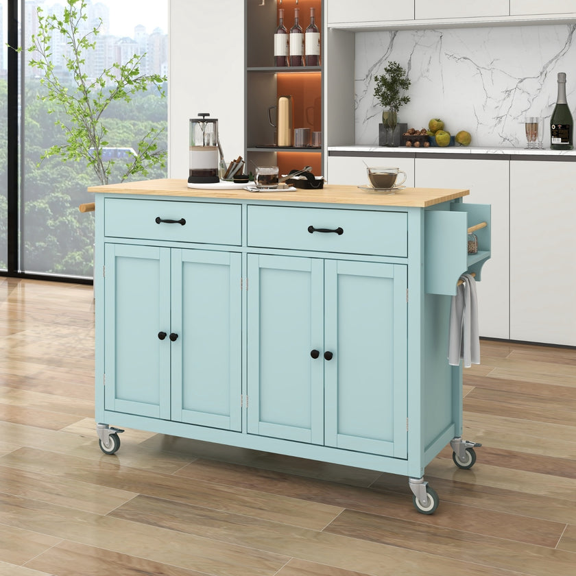 Kitchen Island Cart 4-Door Cabinet, 2 Drawers, 2 Locking Wheels, Solid Wood Top
