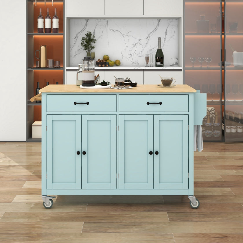 Kitchen Island Cart 4-Door Cabinet, 2 Drawers, 2 Locking Wheels, Solid Wood Top