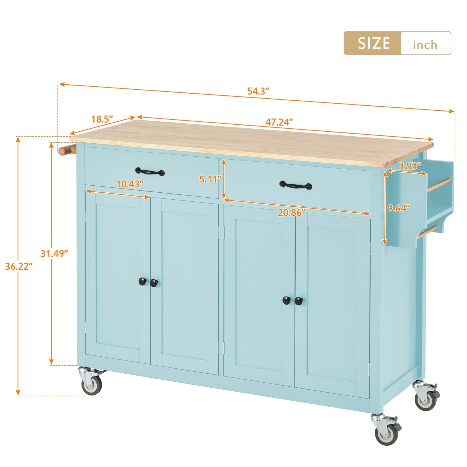 Kitchen Island Cart 4-Door Cabinet, 2 Drawers, 2 Locking Wheels, Solid Wood Top