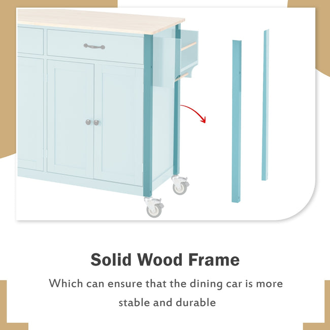 Kitchen Island Cart 4-Door Cabinet, 2 Drawers, 2 Locking Wheels, Solid Wood Top