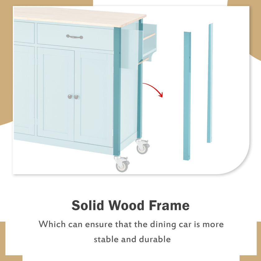 Kitchen Island Cart 4-Door Cabinet, 2 Drawers, 2 Locking Wheels, Solid Wood Top