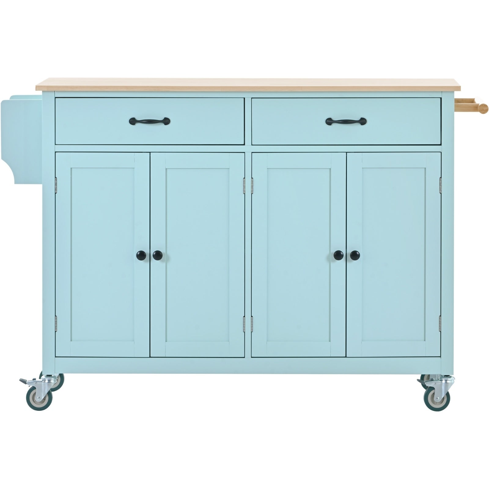 Kitchen Island Cart 4-Door Cabinet, 2 Drawers, 2 Locking Wheels, Solid Wood Top