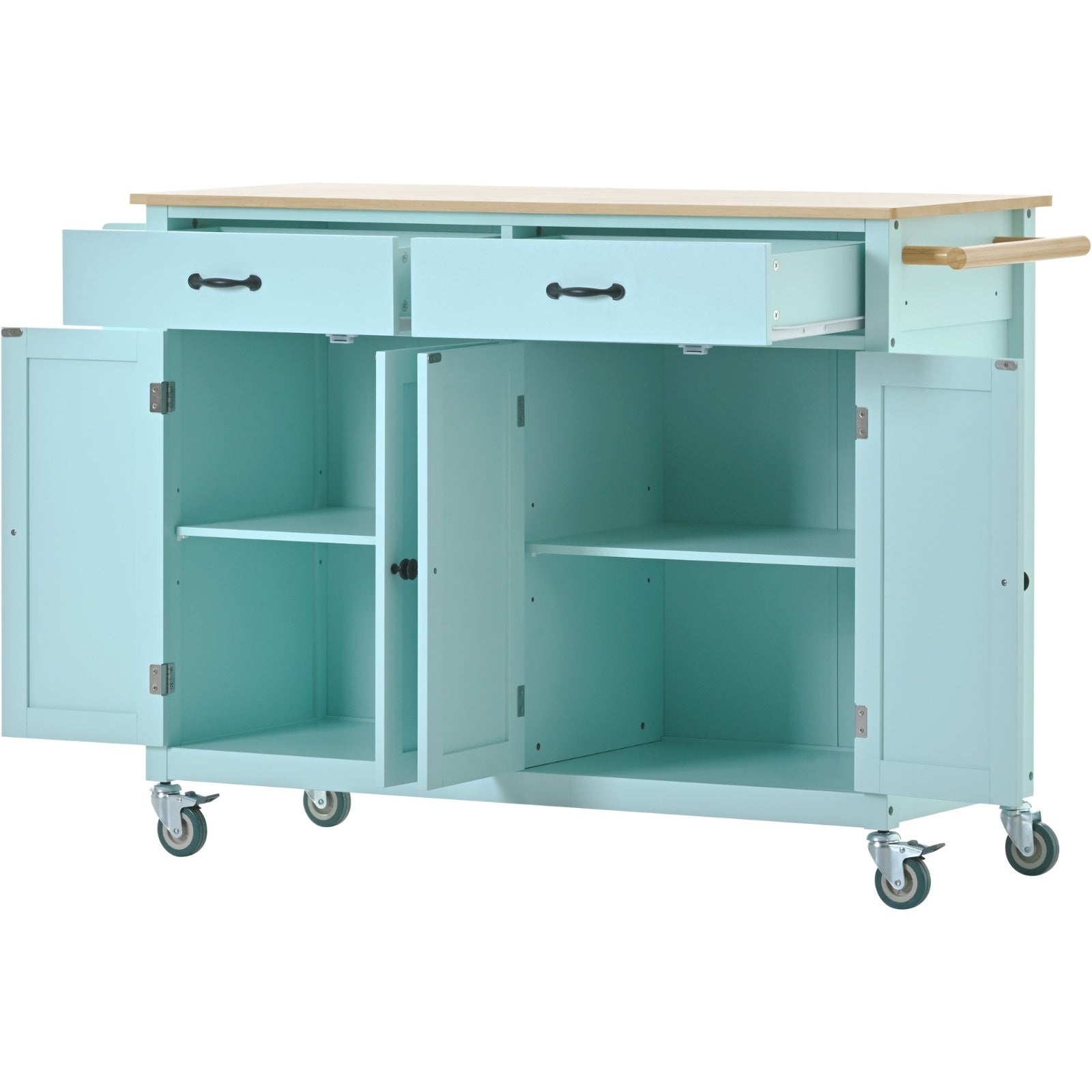 Kitchen Island Cart 4-Door Cabinet, 2 Drawers, 2 Locking Wheels, Solid Wood Top