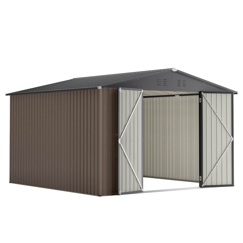 10 X 10 Ft Metal Storage Shed For Ourdoor, Steel Yard Shed With Design Of Lockable Doors, Utility And Tool Storage For Garden, Backyard, Patio, Outside Use Brown