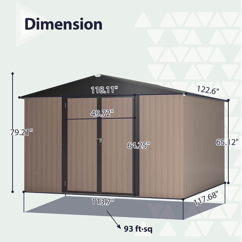 10 X 10 Ft Metal Storage Shed For Ourdoor, Steel Yard Shed With Design Of Lockable Doors, Utility And Tool Storage For Garden, Backyard, Patio, Outside Use Brown