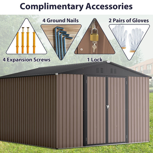 10 X 10 Ft Metal Storage Shed For Ourdoor, Steel Yard Shed With Design Of Lockable Doors, Utility And Tool Storage For Garden, Backyard, Patio, Outside Use Brown
