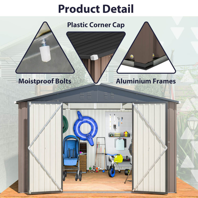 10 X 10 Ft Metal Storage Shed For Ourdoor, Steel Yard Shed With Design Of Lockable Doors, Utility And Tool Storage For Garden, Backyard, Patio, Outside Use Brown