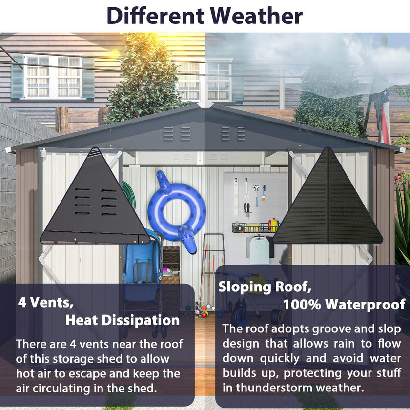 10 X 10 Ft Metal Storage Shed For Ourdoor, Steel Yard Shed With Design Of Lockable Doors, Utility And Tool Storage For Garden, Backyard, Patio, Outside Use Brown