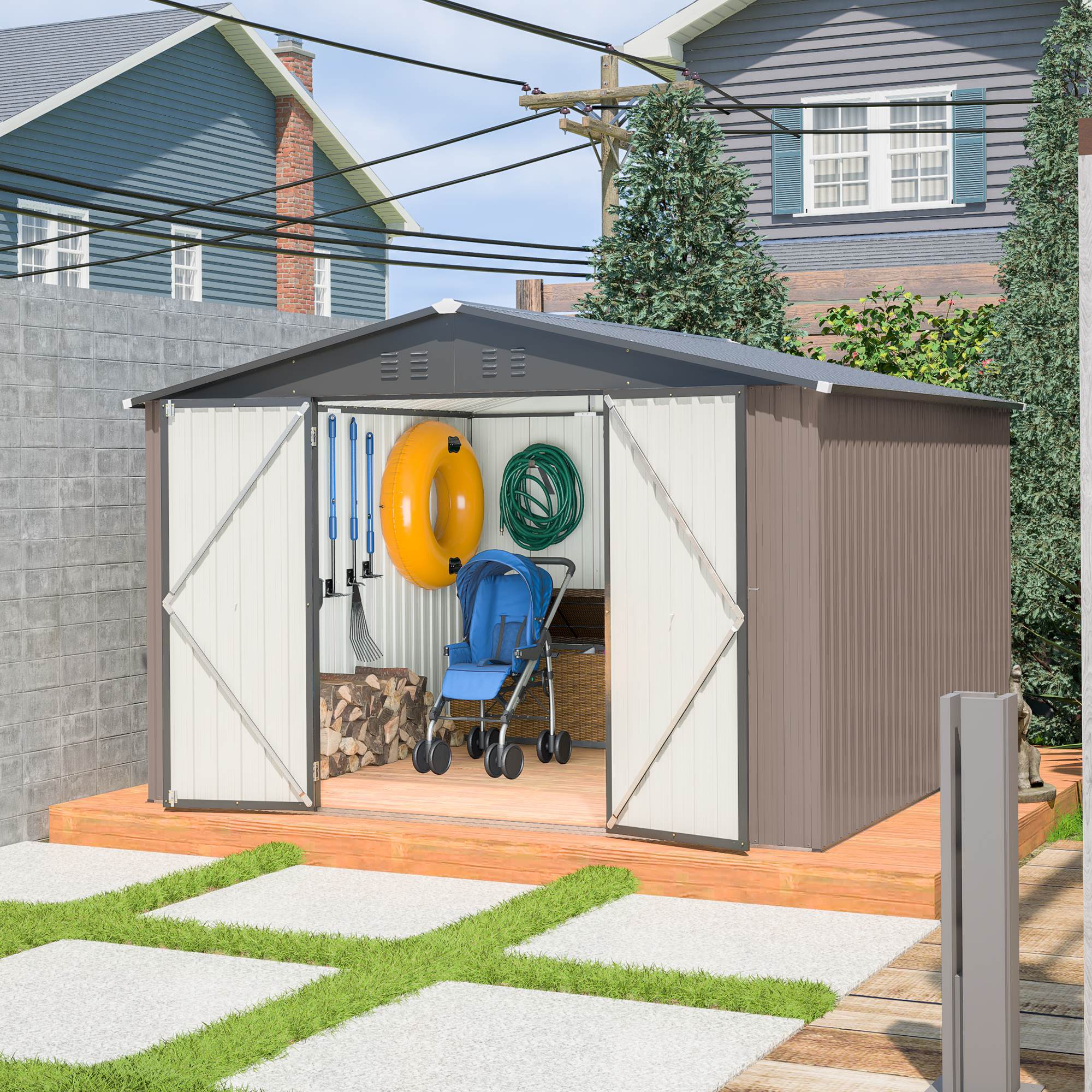 10 X 10 Ft Metal Storage Shed For Ourdoor, Steel Yard Shed With Design Of Lockable Doors, Utility And Tool Storage For Garden, Backyard, Patio, Outside Use Brown