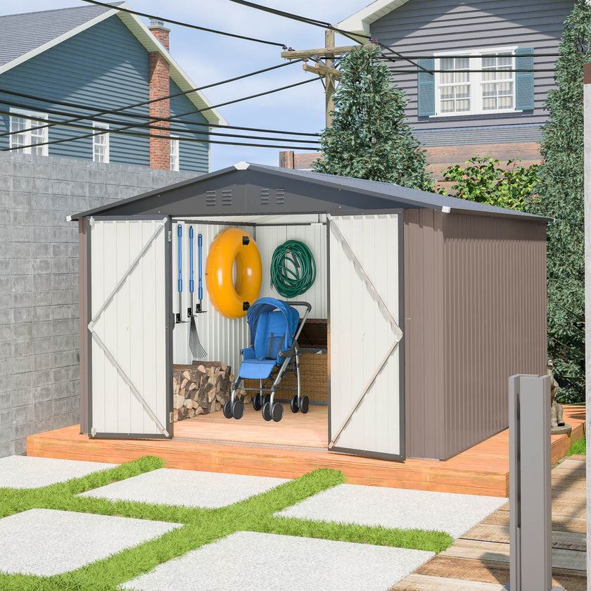 10 X 10 Ft Metal Storage Shed For Ourdoor, Steel Yard Shed With Design Of Lockable Doors, Utility And Tool Storage For Garden, Backyard, Patio, Outside Use Brown