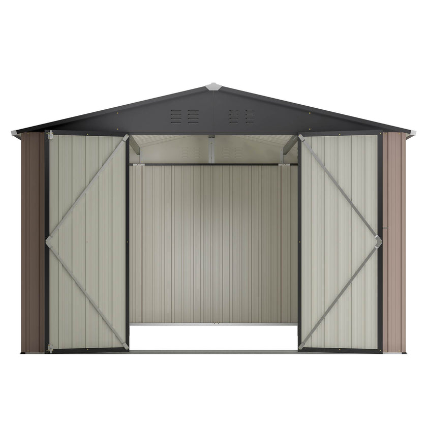 10 X 10 Ft Metal Storage Shed For Ourdoor, Steel Yard Shed With Design Of Lockable Doors, Utility And Tool Storage For Garden, Backyard, Patio, Outside Use Brown
