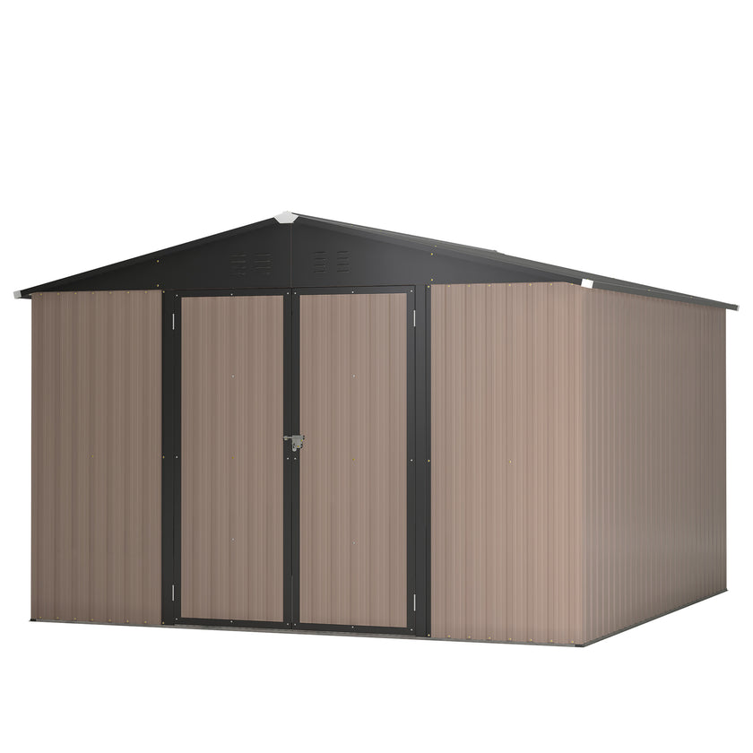 10 X 10 Ft Metal Storage Shed For Ourdoor, Steel Yard Shed With Design Of Lockable Doors, Utility And Tool Storage For Garden, Backyard, Patio, Outside Use Brown