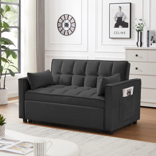 Modern Velvet Loveseat Futon Sofa Couch W Pullout Bed,Small Love Seat Lounge Sofa W Reclining Backrest,Toss Pillows, Pockets,Furniture For Living Room,3 In 1 Convertible Sleeper Sofa Bed, Black