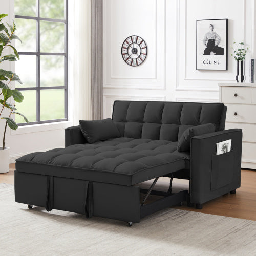Modern Velvet Loveseat Futon Sofa Couch W Pullout Bed,Small Love Seat Lounge Sofa W Reclining Backrest,Toss Pillows, Pockets,Furniture For Living Room,3 In 1 Convertible Sleeper Sofa Bed, Black