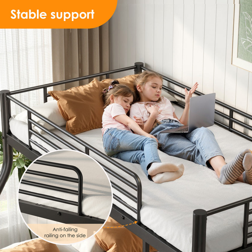 Metal Bunk Bed, Twin Over Full Size Support For Adults Teens, Black