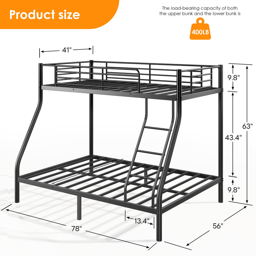 Metal Bunk Bed, Twin Over Full Size Support For Adults Teens, Black