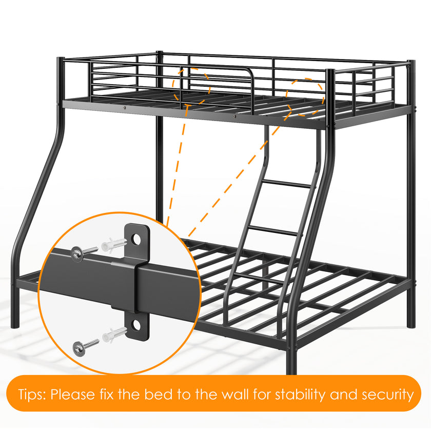 Metal Bunk Bed, Twin Over Full Size Support For Adults Teens, Black