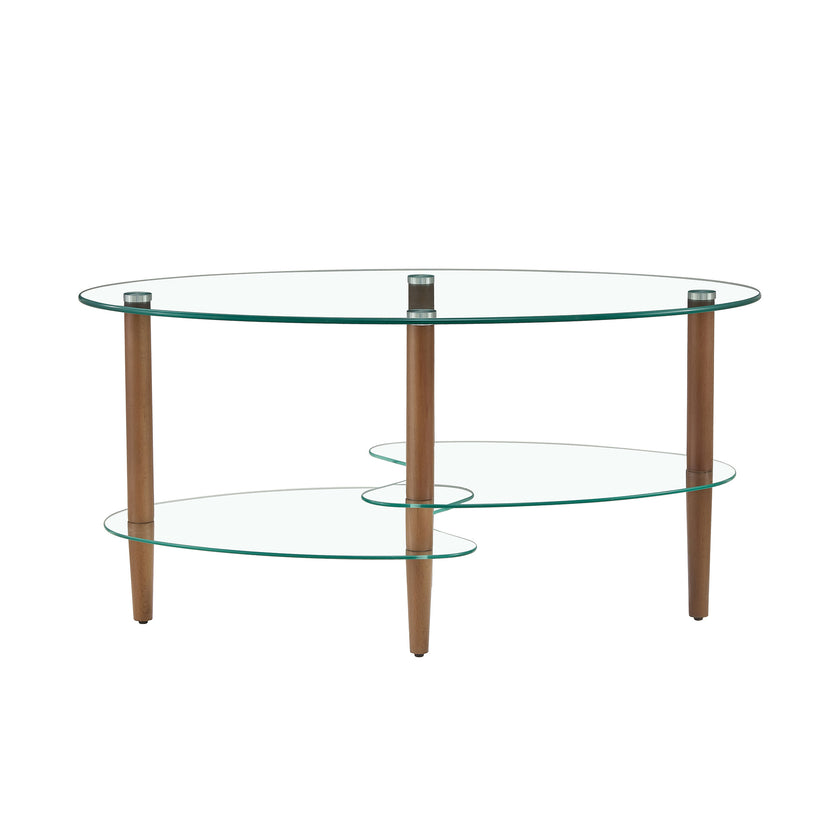 Transparent Oval Glass Coffee Table, Modern Living Room Table, Oak Leg Coffee Table, Three-layer Glass Table