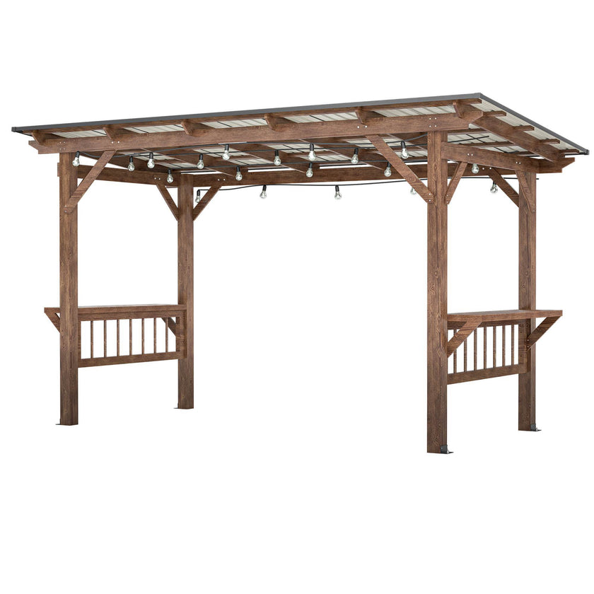 13X 6.5 Ft Wooden Pergola Grill Gazebo With Metal Roof & Bulbs & Bar Counters