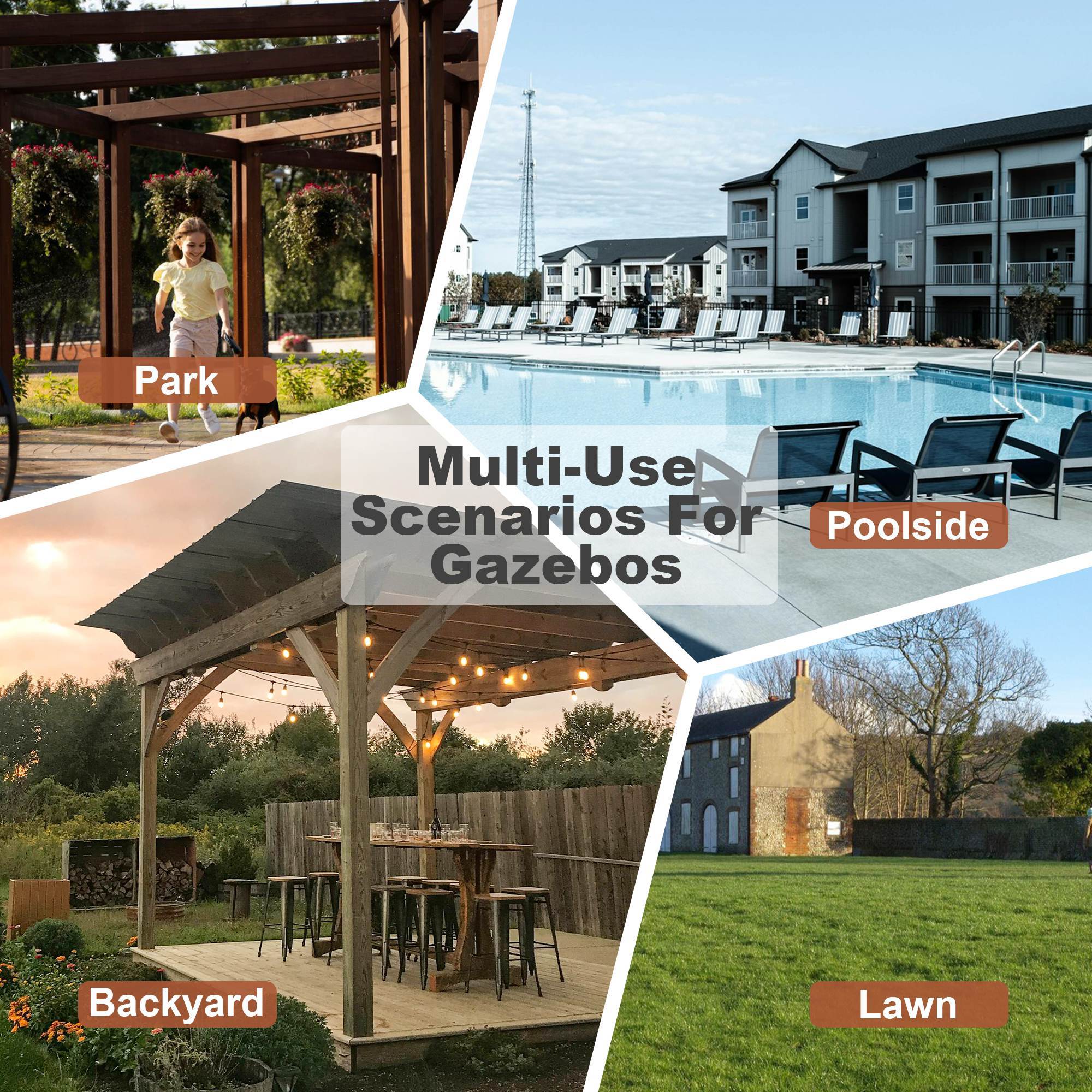 13X 6.5 Ft Wooden Pergola Grill Gazebo With Metal Roof & Bulbs & Bar Counters