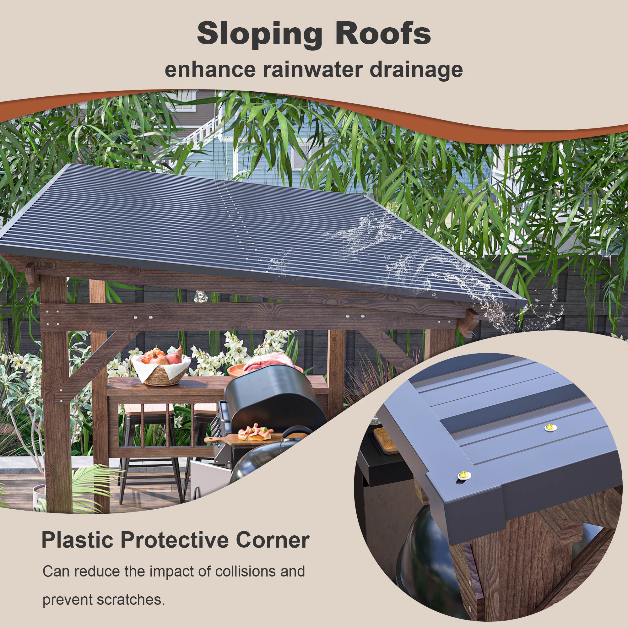 13X 6.5 Ft Wooden Pergola Grill Gazebo With Metal Roof & Bulbs & Bar Counters