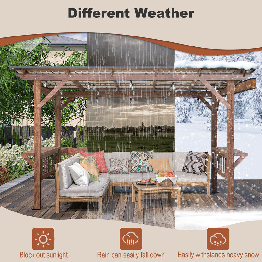 13X 6.5 Ft Wooden Pergola Grill Gazebo With Metal Roof & Bulbs & Bar Counters