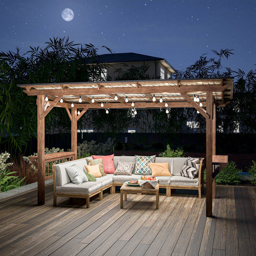 13X 6.5 Ft Wooden Pergola Grill Gazebo With Metal Roof & Bulbs & Bar Counters