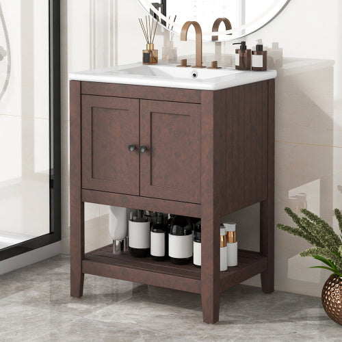 24 White Modern Sleek Bathroom Vanity Elegant Ceramic Sink With Solid Wood Frame Open Style Shelf