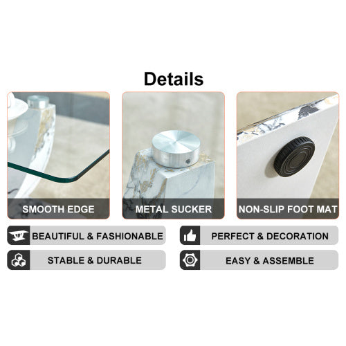 Modern Minimalist Transparent Tempered Glass Coffee Table With Marble Patterned MDF Legs And Stainless Steel Decorative Columns. Computer Desk. Game Table. CT-907