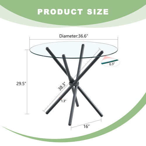 A Circular Transparent Tempered Glass Round Table With A Diameter Of 36.6 Inches,with Ring-shaped Gathered Black Metal Legs.The Desktop Glass Is 0.3 Inches Thick.