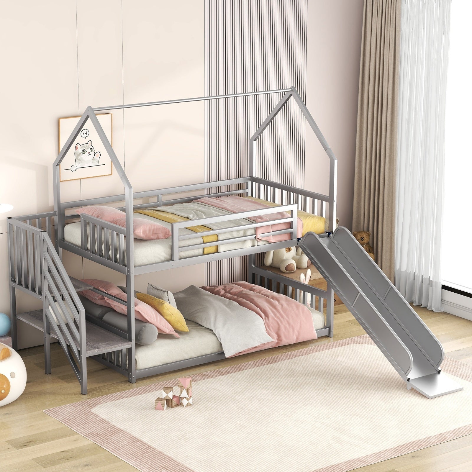 Twin Over Twin Metal Bunk Bed House Bed With Slide And Staircase, Silver