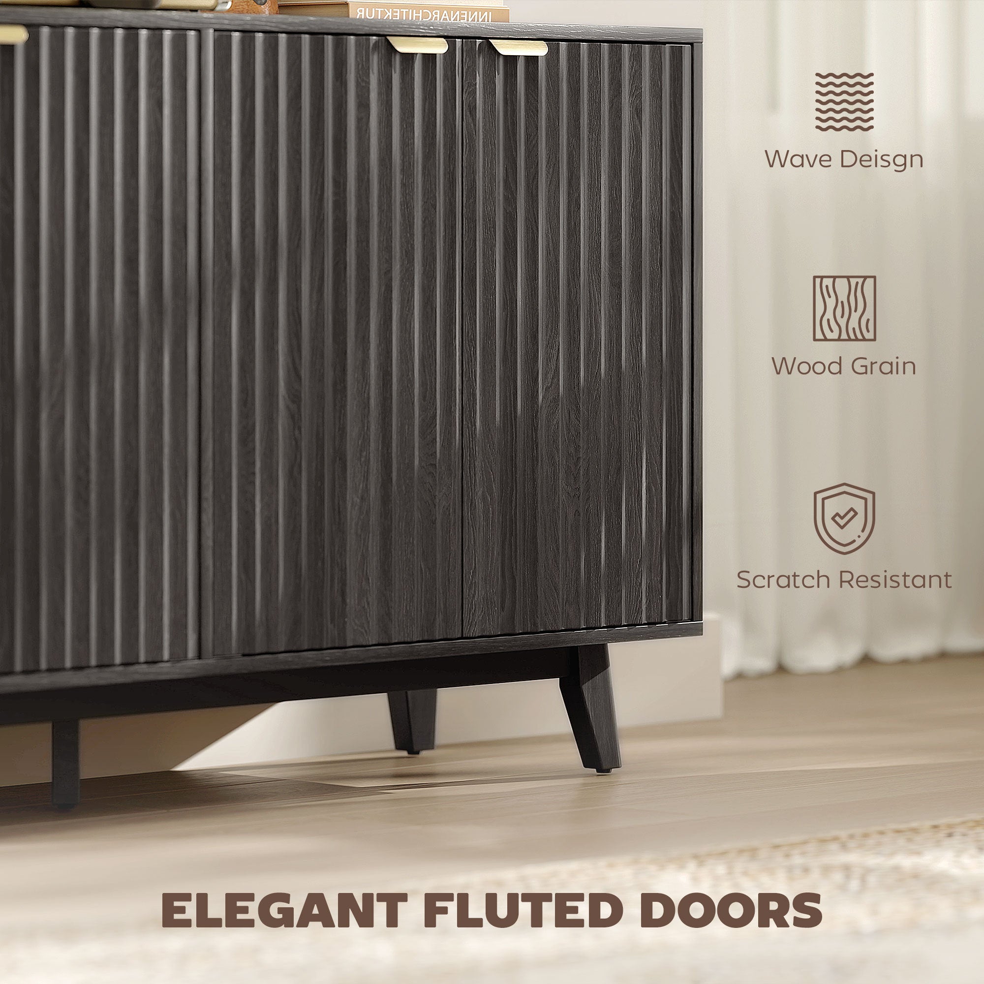 Fluted Sideboard Buffet Cabinet, 55 Coffee Bar Cabinet With 4 Doors, 2 Adjustable Shelves, 5 Wood Legs, Dark Gray