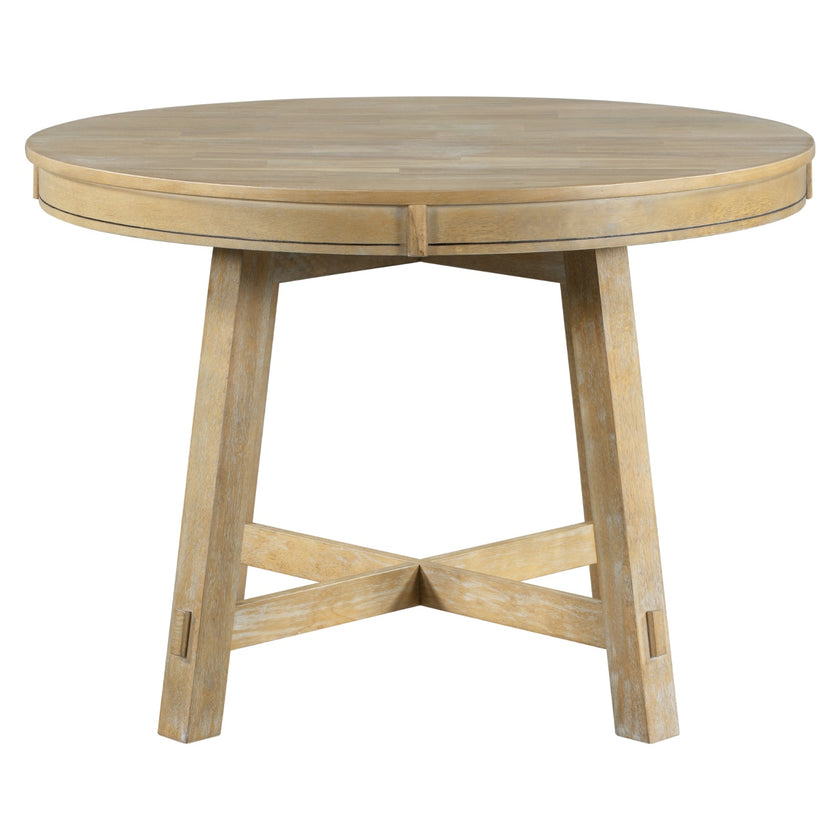 TREXM Farmhouse Extendable Round Dining Table With 16 Leaf Natural Wood
