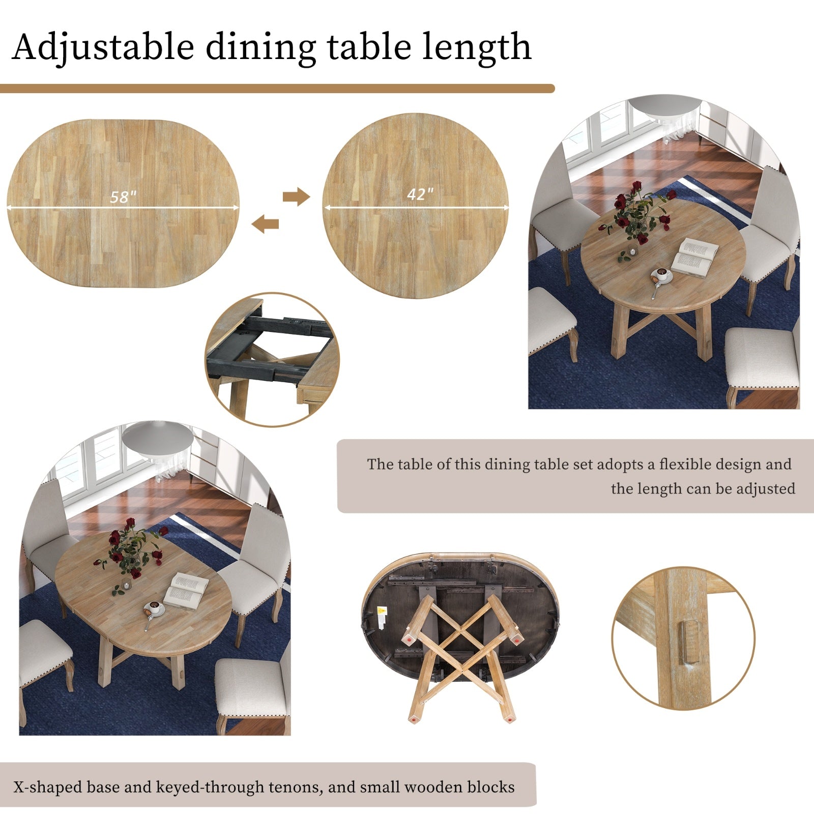 TREXM Farmhouse Extendable Round Dining Table With 16 Leaf Natural Wood