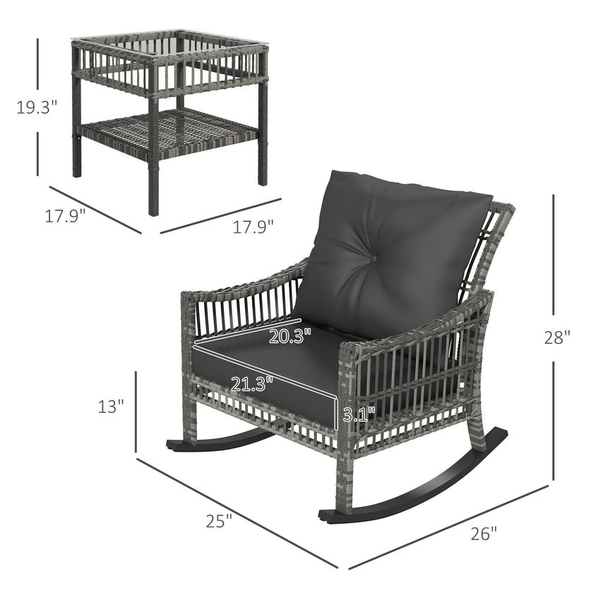 3 Piece Outdoor PE Rattan Rocker Chair Set, Rocking Chair With Tempered Glass Table Top, Gray