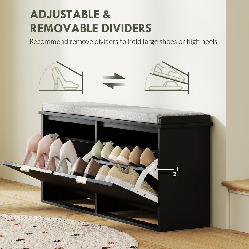 Shoe Storage Bench With Padded Seat Cushion And Flip-Drawer, Entryway Bench, Shoe Cabinet, 40.9x10.2x18.7 Inches, Black