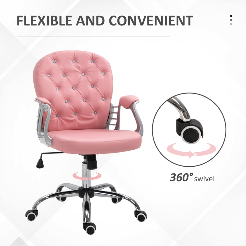 Vinsetto Vanity PU Leather Office Chair, Mid Back, Tufted Swivel Task Chair, Adjustable Height, Pink