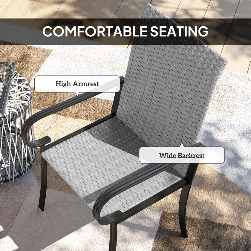 Set Of 4 Outdoor Wicker Dining Chairs With Armrest, Steel Frame, High Back And Deep Seating, Gray
