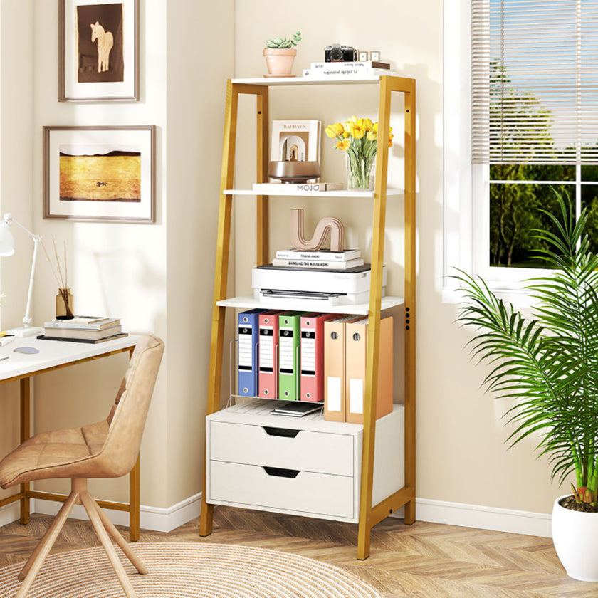 4-Tier Ladder Shelf With 2 Drawers 52.5 Inch Tall Freestanding Bookcase