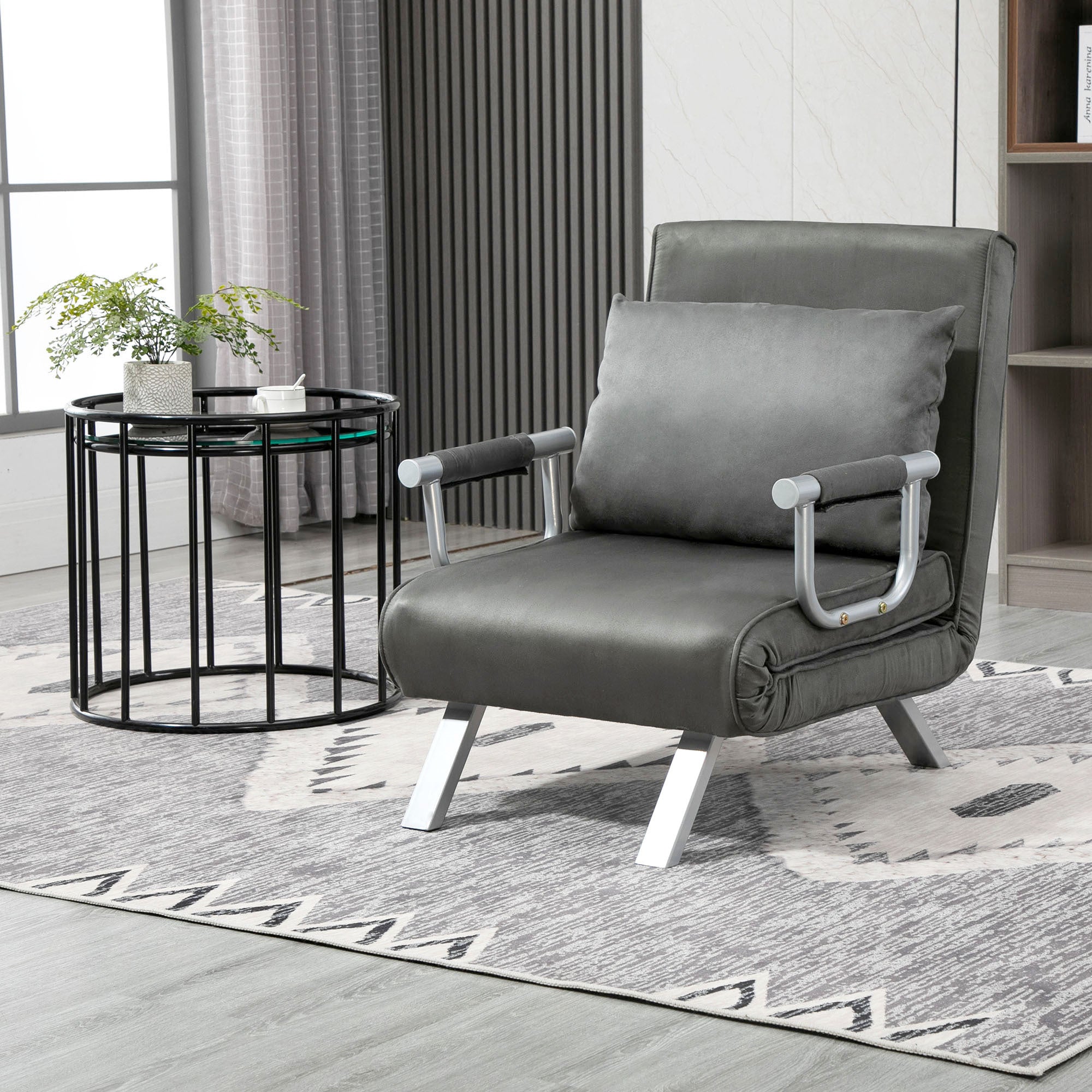 Convertible Sofa Bed 5 Position Folding Sleeper Chair Pillow Steel Frame Dark Grey