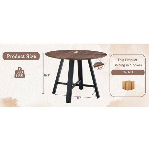 Modern Minimalist Round Dining Table And Coffee Table. 42 Inch Diameter MDF Table Top, Deep Wood Grain Table Top, Black Metal Legs, Fits Home & Office F-1172