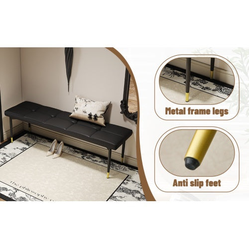59x17 Inch Multifunctional Black Shoe Bench - Faux PU Cushion, Sturdy Metal Legs With Gold Accents.Suitable For Bedroom,Fitting Room, Storage Room, Dining Room, And Living Room,etc