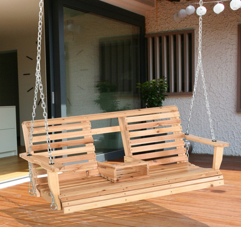 Wooden Swing Bench Heavy Duty Steel Chains 59 W X 29.5 D High Backrest, 440lbs Capacity, Natural