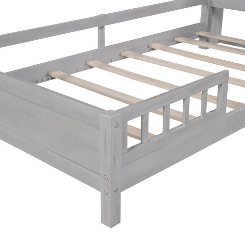 Wood Twin Size Platform Bed With Built-in LED Light, Storage Headboard And Guardrail, Antique Grey