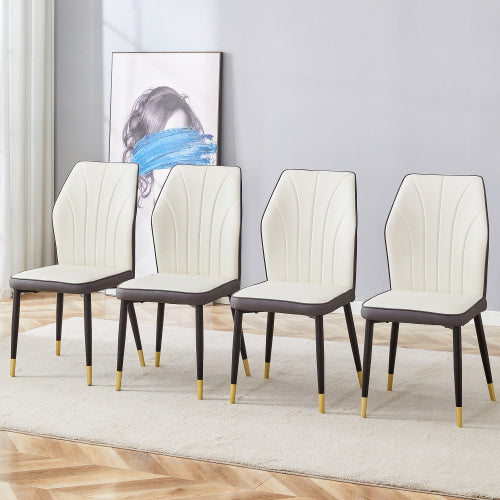 4 Modern Dining Chairs With Stylish PU Patterned Backrest And Black Metal Legs For A Comfortable Home Experience In The Kitchen, Bedroom And Office.