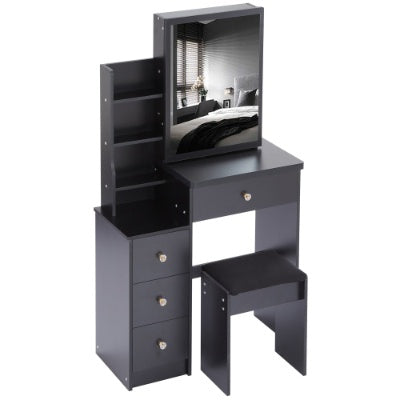 29.2 Small Space Left Bedside Cabinet Vanity Table   Cushioned Stool, Extra Large Right Sliding Mirror  Multi Layer High Capacity Storage, Practical Fashionable Dresser Suitable For Small Space