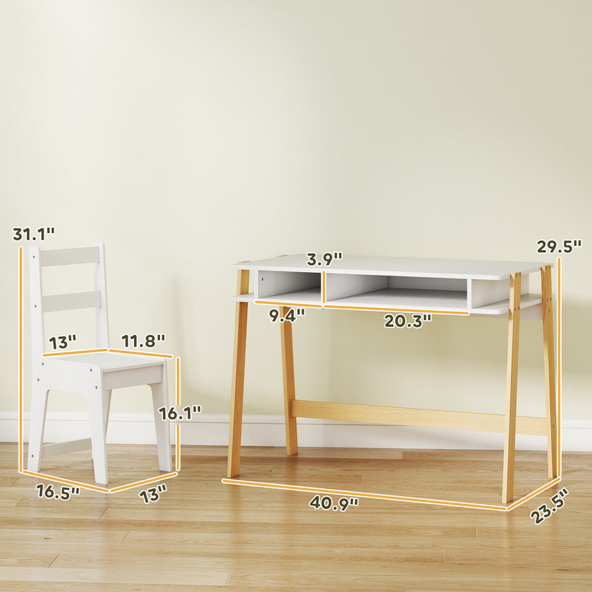 Desk And Chair Set With Storage For Bedroom, School, Gift For Children Ages 3-12, White