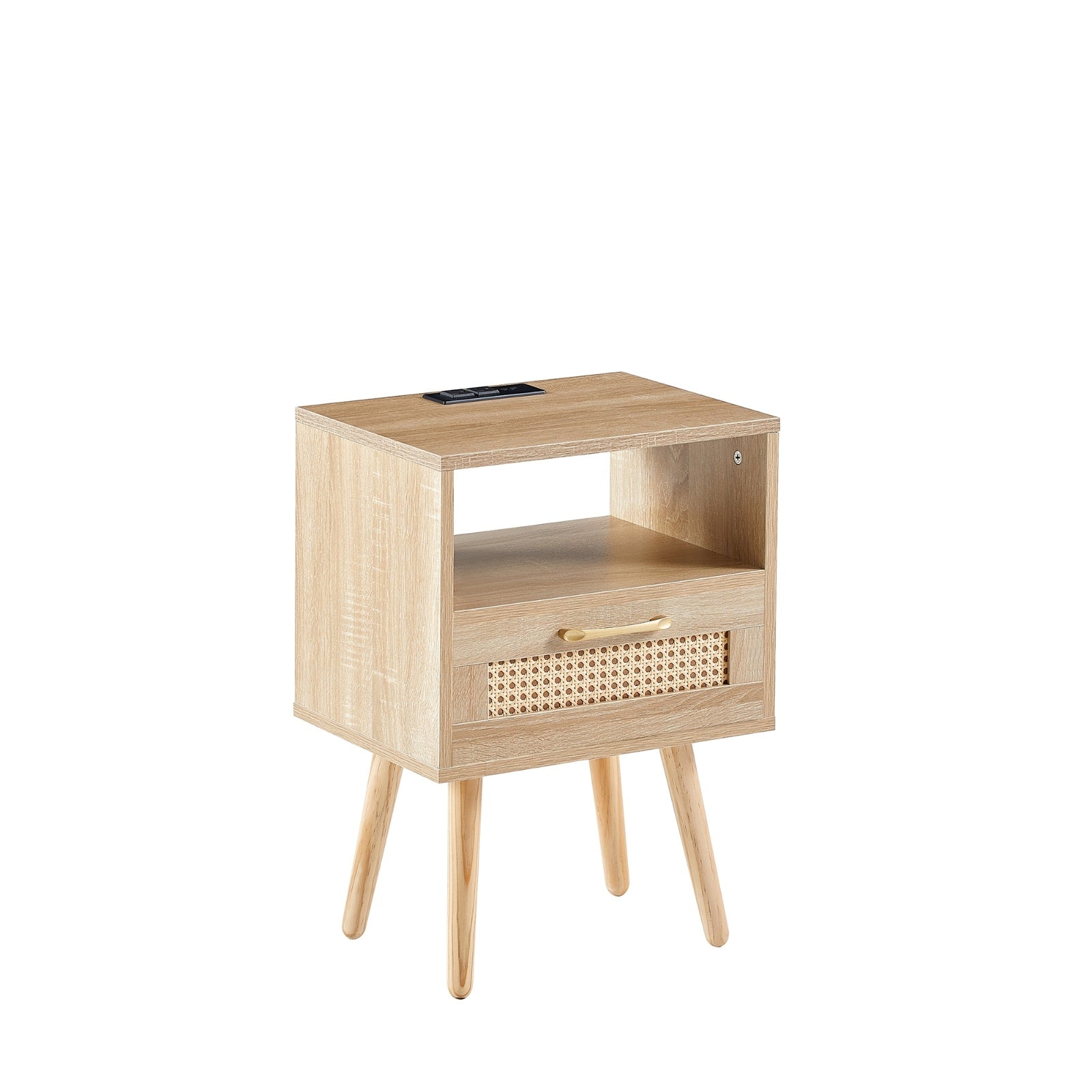 15.75  Rattan End Table With Power Outlet, USB Ports, Drawer   Solid Wood