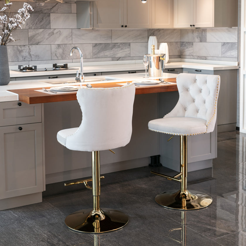A&A Furniture,Golden Swivel Velvet Barstools Adjusatble Seat Height From 25-33 Inch